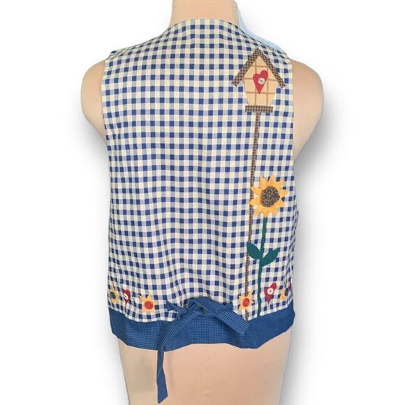 Vintage Handmade Vest Blue White Gingham Checks Sunflower Buttons Open Front - Picture 8 of 14